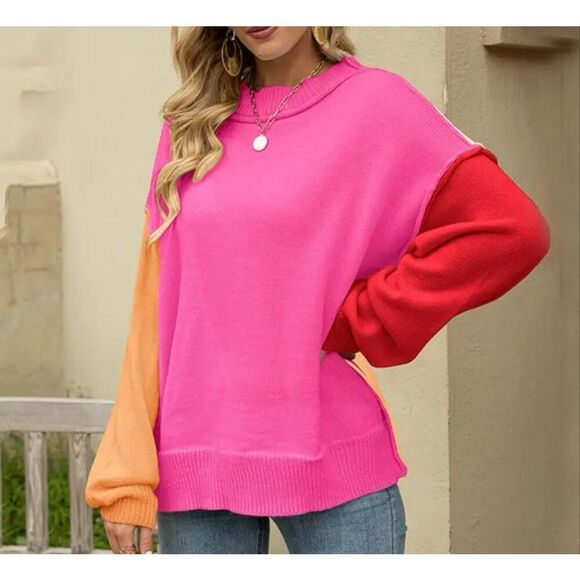 Amazon Sweaters - Amazon Colorblock Crewneck Sweater in Hot Pink, Red, Peach